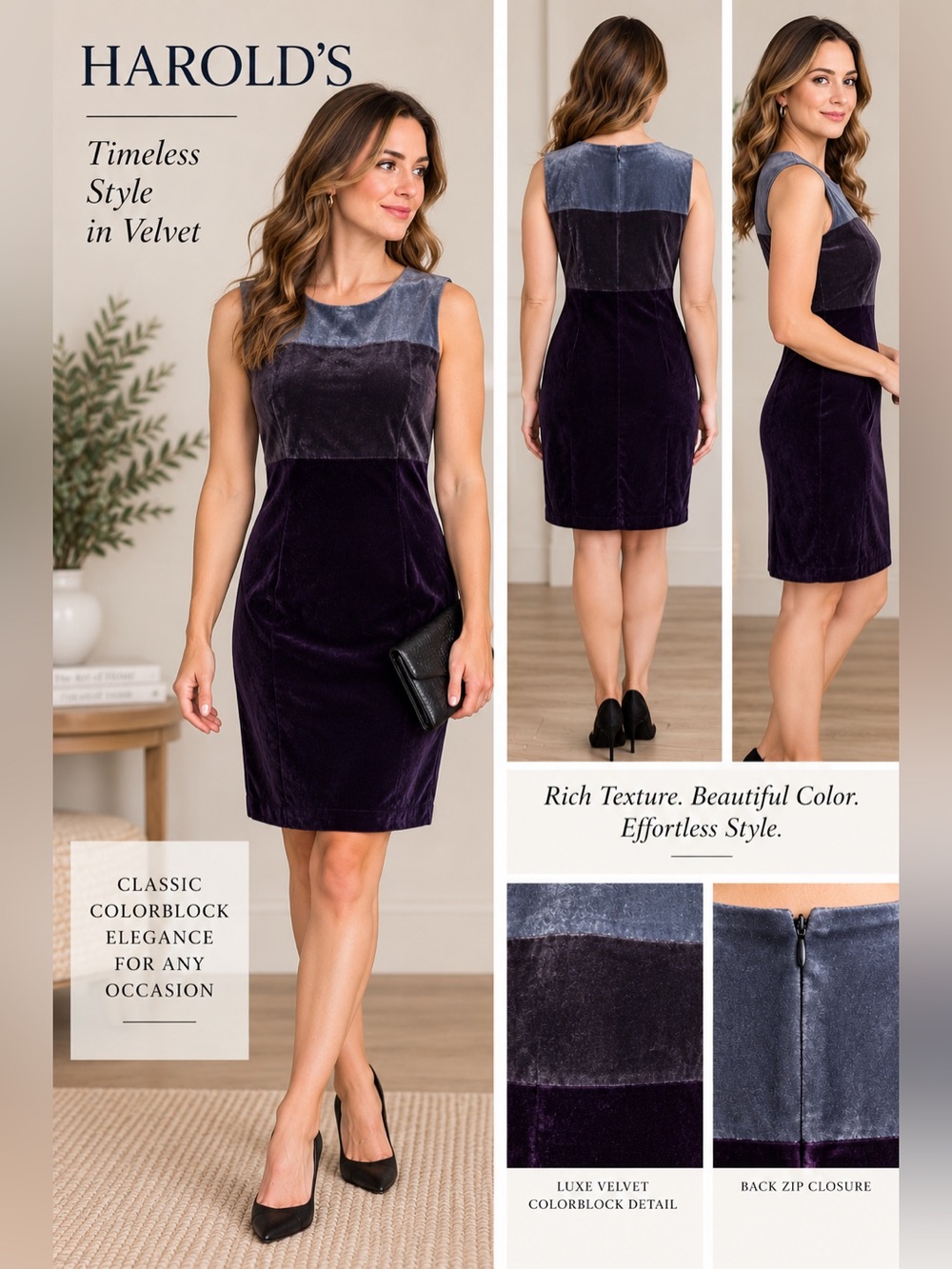 Harold’s Sleeveless Colorblock Velvet Dress in Deep Purple and Gray